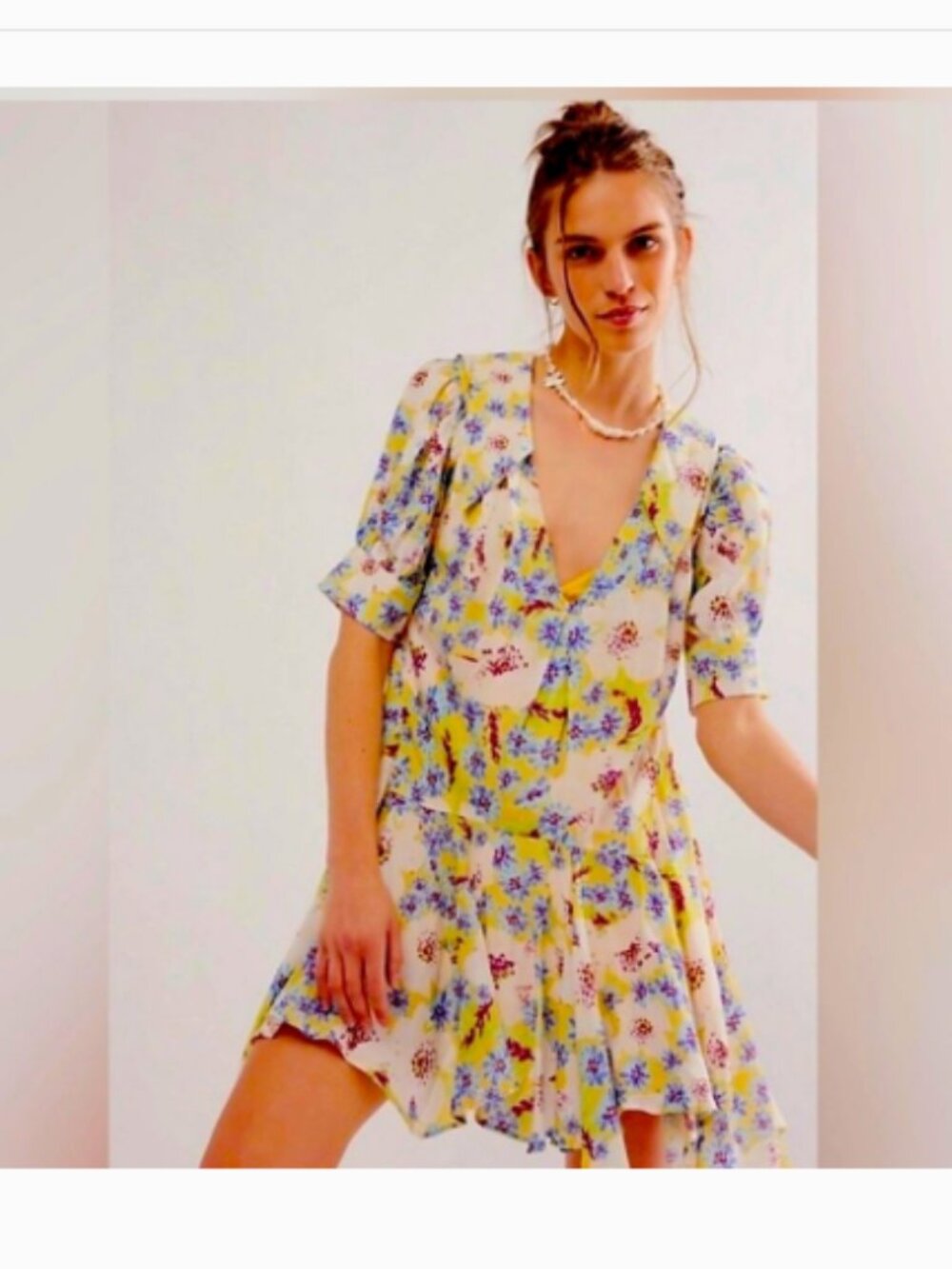 NWT Free People Sugar Crush Mini Dress in Lemon Combo